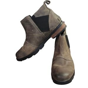 Sorel Emelie Chelsea Ankle Boots waterproof olive green Womens Sz 8.5 Slip-on